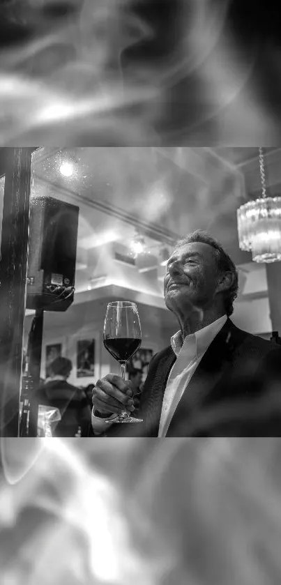 Black and white wallpaper of a man with wine in an elegant setting.