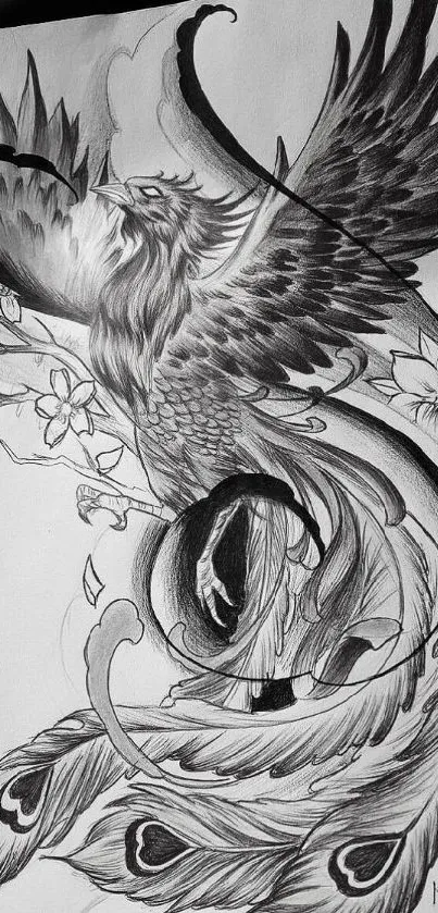 Intricate black and white phoenix sketch with detailed feathers and artistic style.