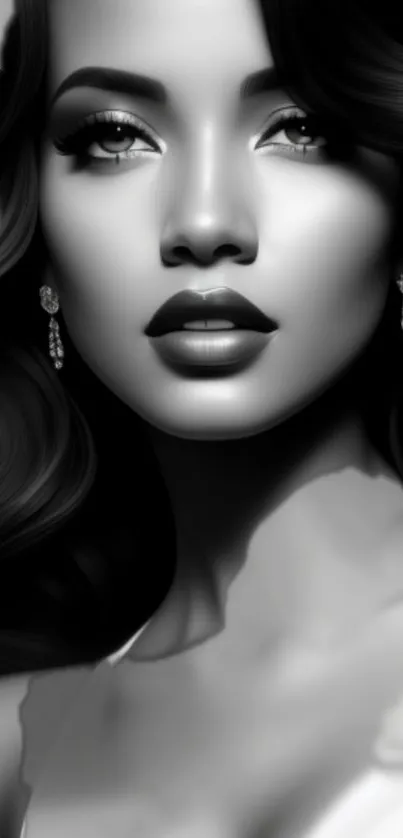 Elegant black and white portrait of a glamorous woman with luxurious hair.