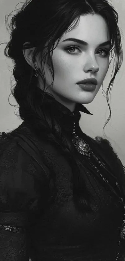 Black and white portrait of a woman in vintage attire, exuding elegance and style.