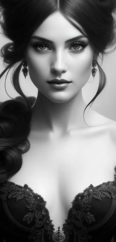 Elegant black and white portrait of a woman with detailed lace work.