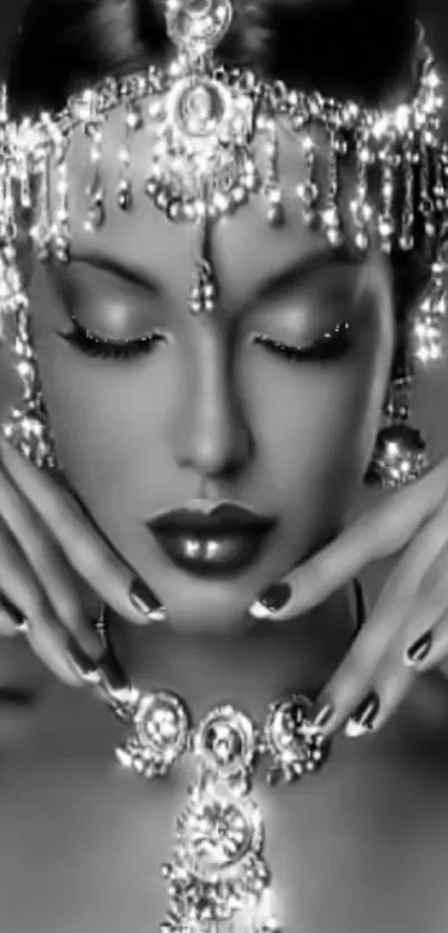 Black and white portrait with elegant jewelry and serene expression.