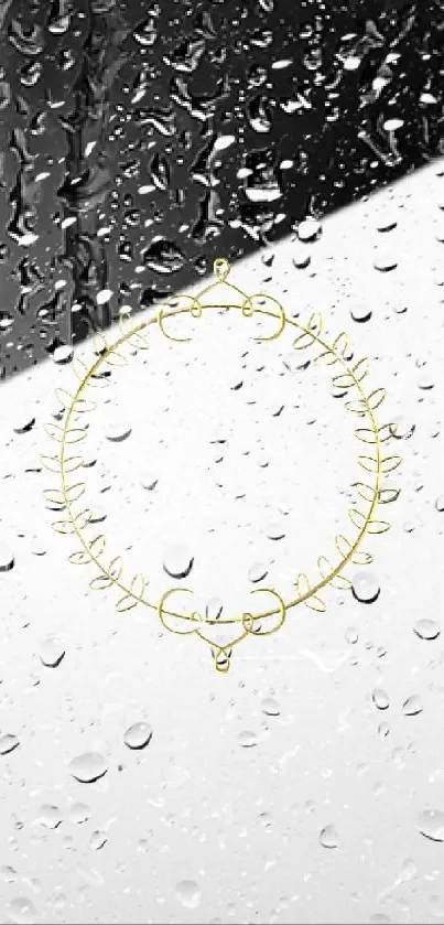 Elegant black and white wallpaper with raindrops and gold design.