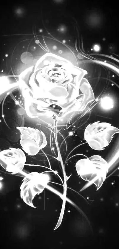 Black and white rose with artistic heart design on dark background.