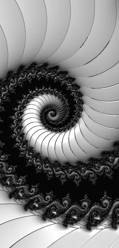 Black and white spiral fractal design wallpaper for mobile.