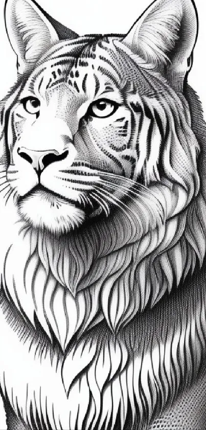 Black and white illustration of an elegant tiger for mobile wallpaper.