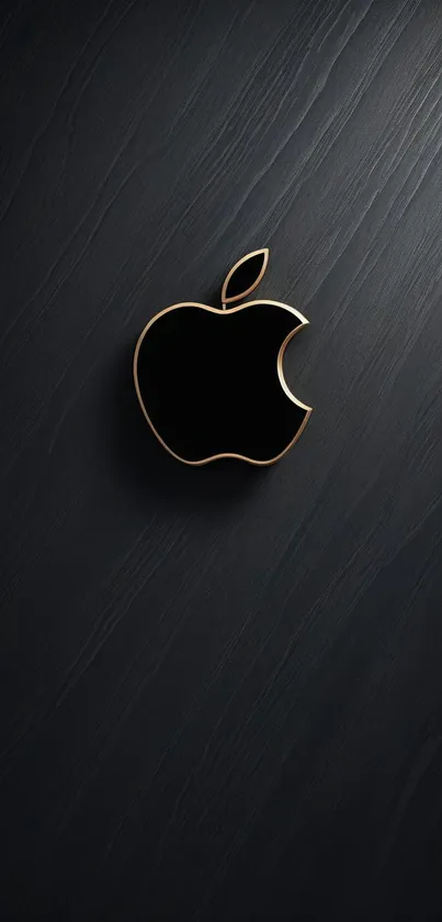 Black Apple logo on wood texture background with gold outline.