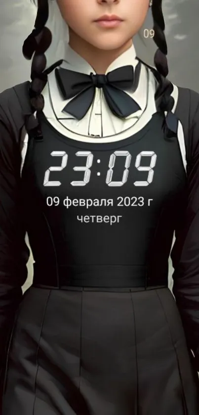 Person in elegant black attire with digital clock display.