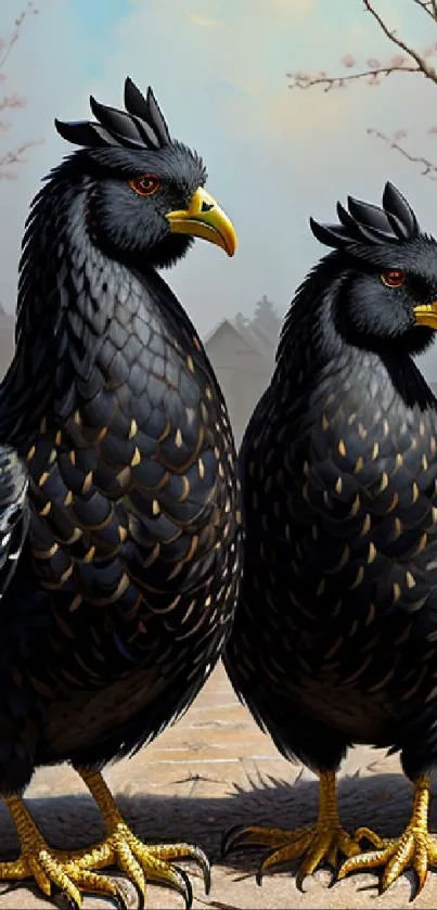 Two elegant black birds with yellow beaks and feet, set in an urban nature scene.