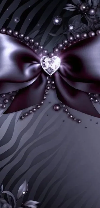 Elegant black bow with heart gem center on zebra pattern