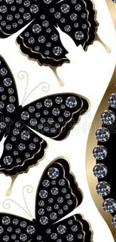 Elegant black and gold butterfly wallpaper with intricate patterns.