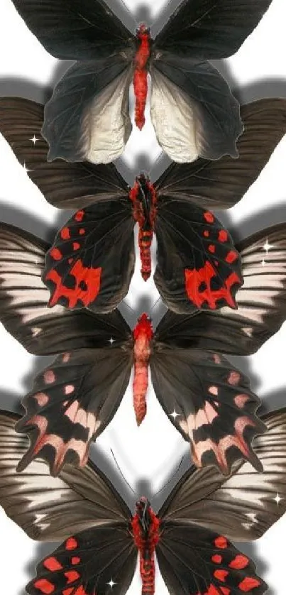 Mobile wallpaper with elegant black butterflies and red accents.