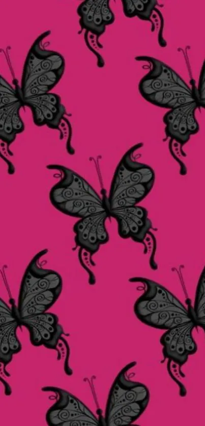 Black butterflies on vibrant pink background.