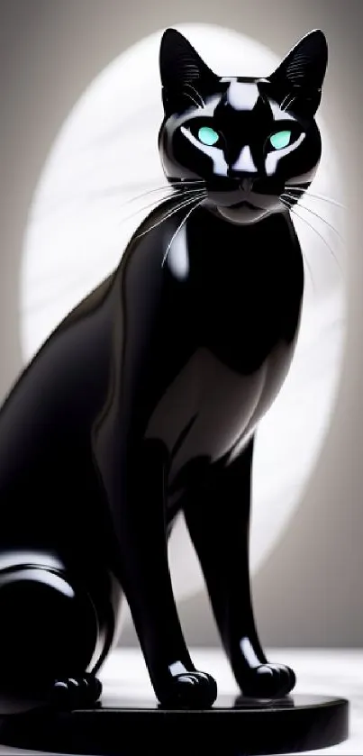 Sleek black cat sculpture with glowing eyes, perfect for elegant mobile wallpaper.