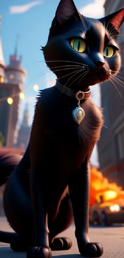 Black cat with yellow eyes in a vibrant cityscape setting.