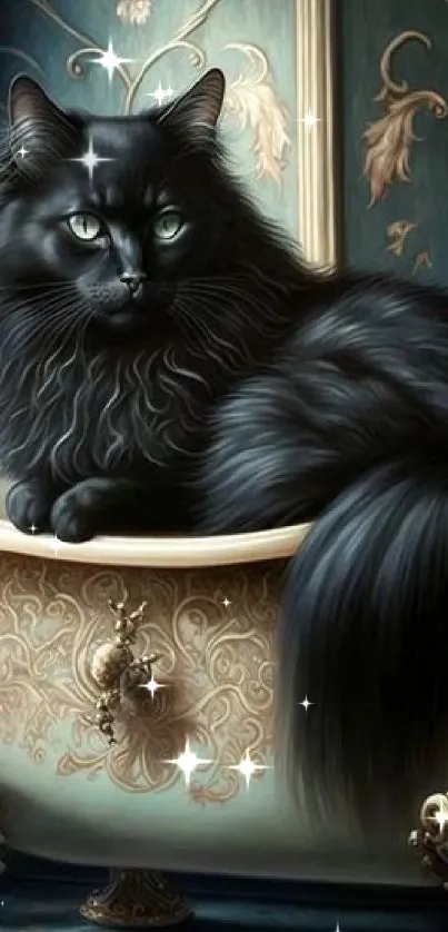 Elegant black cat lounging in a luxurious bathtub against vintage wallpaper.