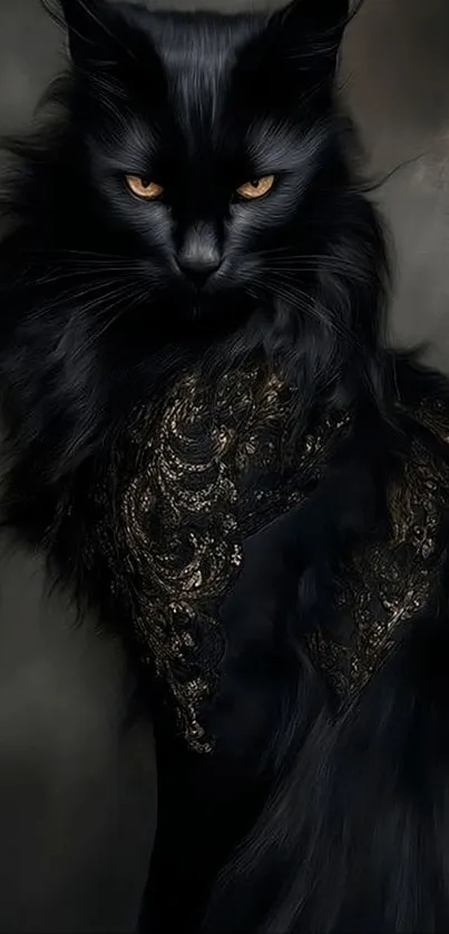 Elegant black cat with intense gaze and fur detail.