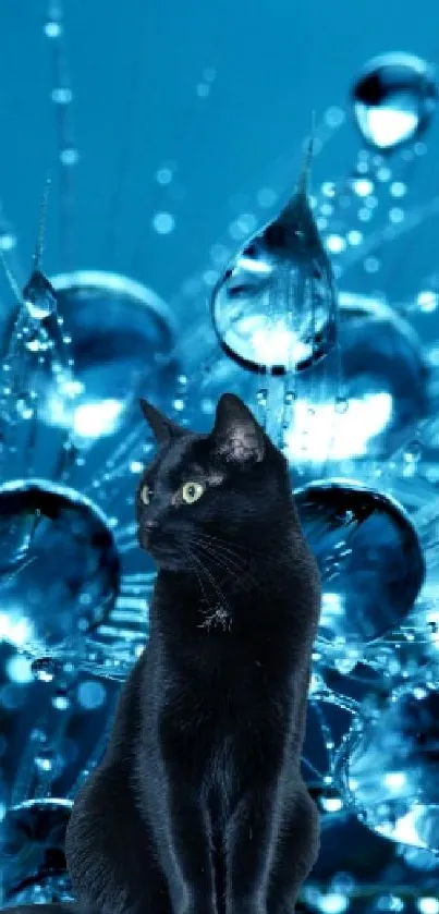 Black cat sits elegantly on luminous blue droplets, crafting a serene mobile wallpaper.