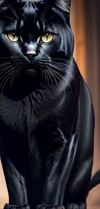 A sleek black cat with golden eyes and glossy fur, exuding elegance.