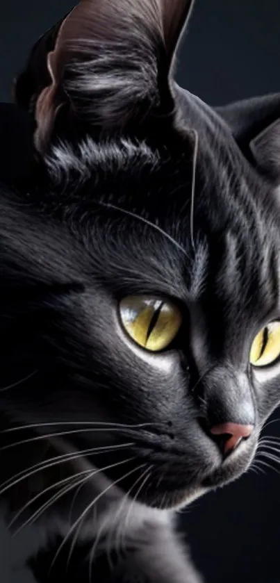 Close-up of a glossy black cat with striking yellow eyes.