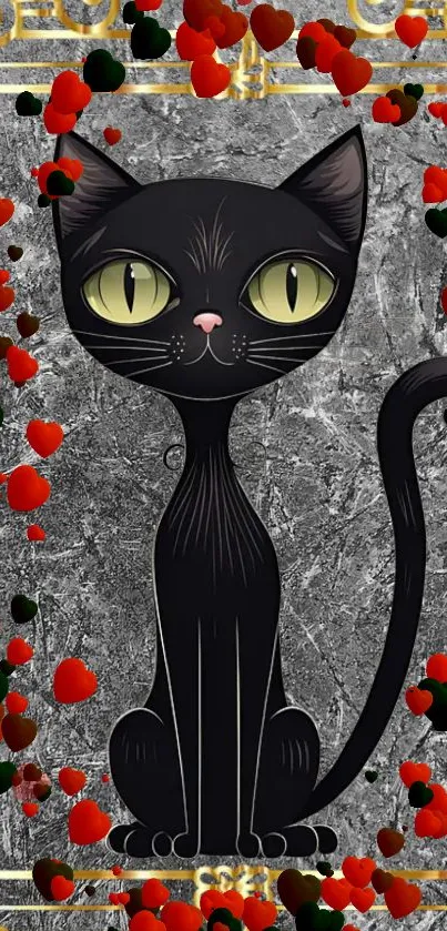 Elegant black cat with red hearts on a gray background wallpaper.