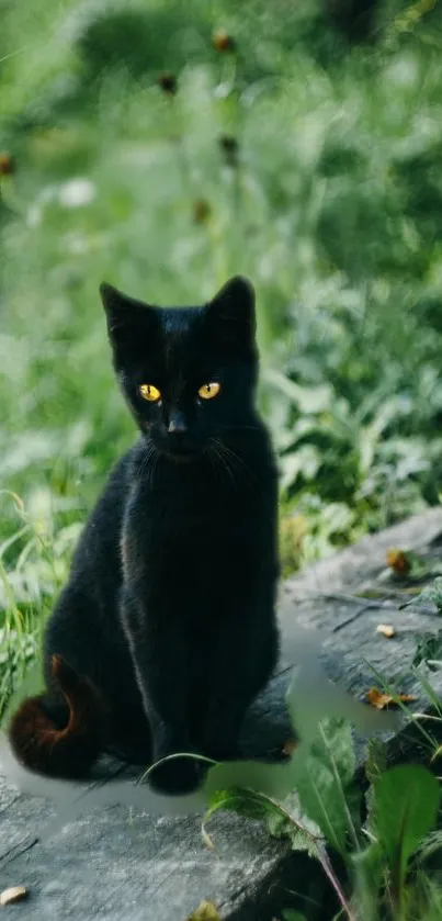 Black cat with yellow eyes sits on a rock in green grass.