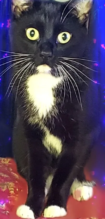 Elegant black cat with yellow eyes against a vibrant background.