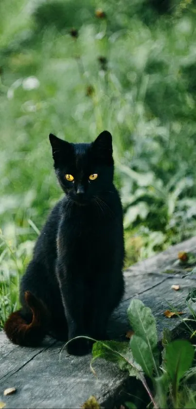 Black cat sitting on wooden plank in tall grass.