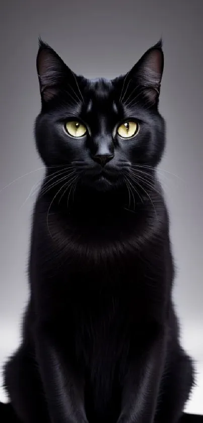 Sleek black cat with golden eyes on a gradient background.