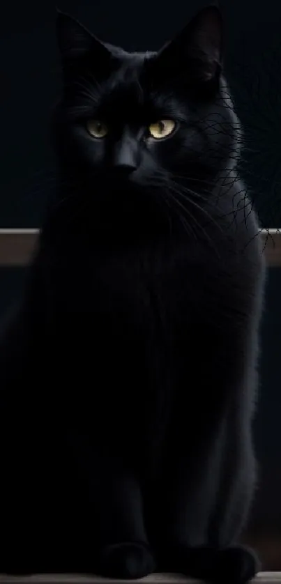 Black cat with bright eyes sitting at night.