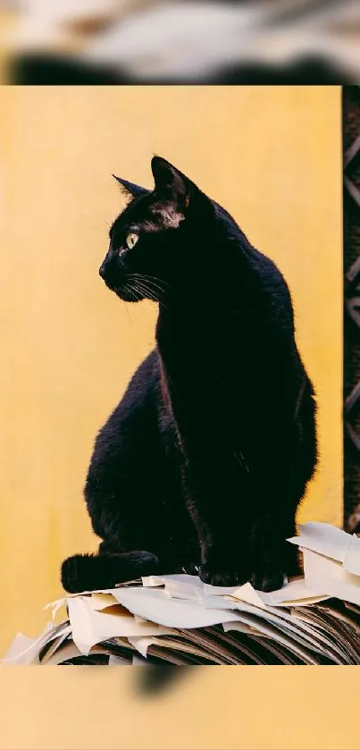 Black cat sitting on a yellow background with sleek and elegant posture.