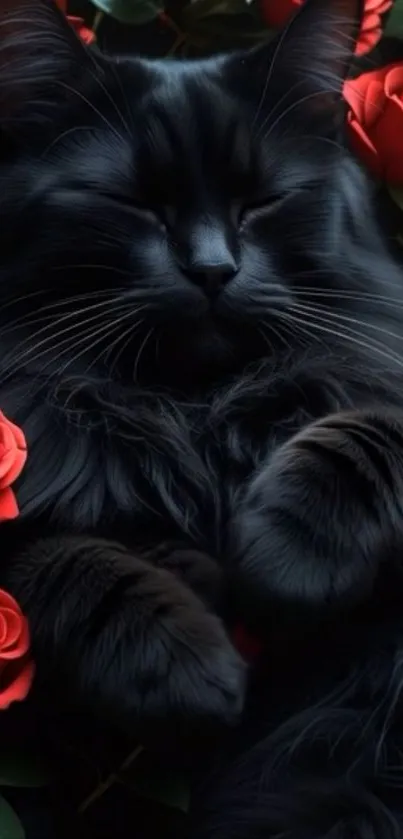 Black cat surrounded by red roses on wallpaper.