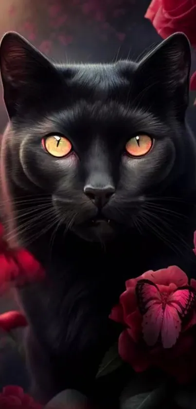 Black cat with striking eyes among red roses.