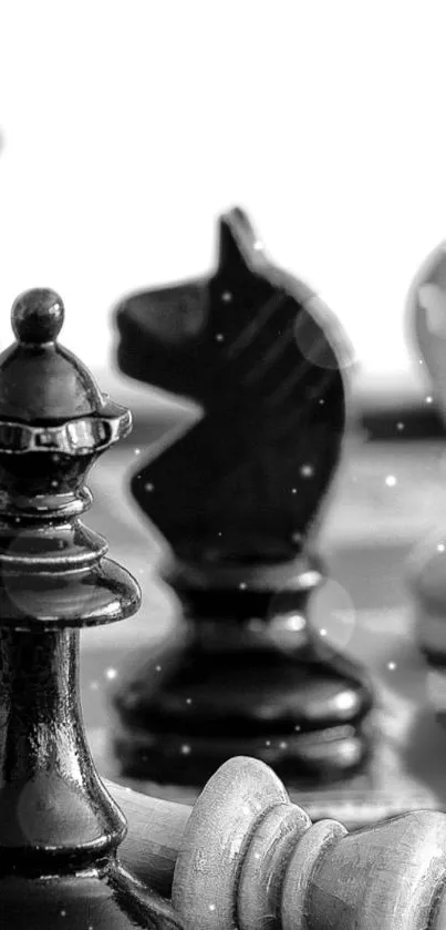 Black and white chess pieces with an elegant design in focus.