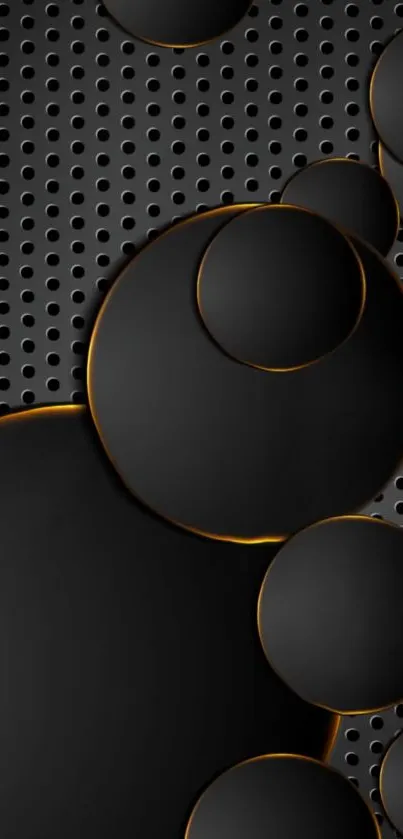 Black circles with glowing accents on a patterned background.