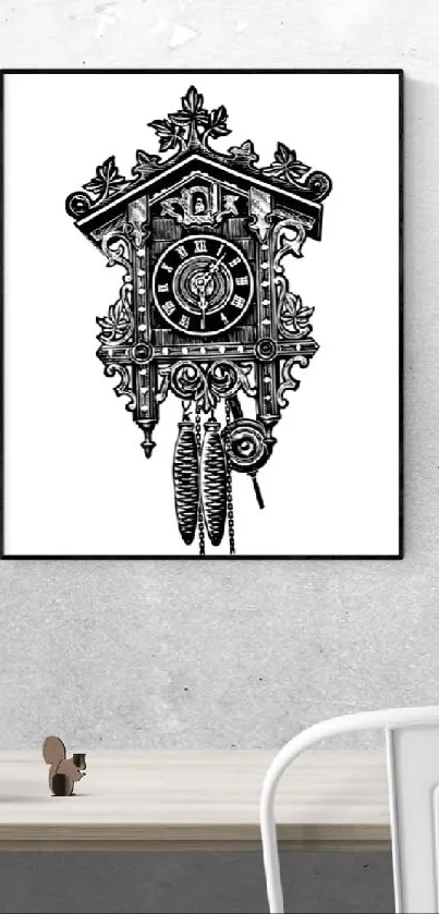 Black and white cuckoo clock wall art framed on light wall.