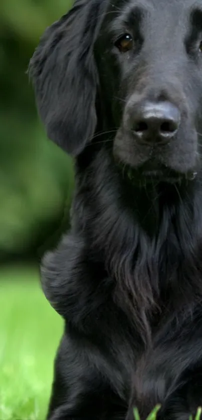 Black dog portrait with green background