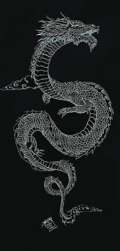 Elegant black dragon illustration on dark background wallpaper.