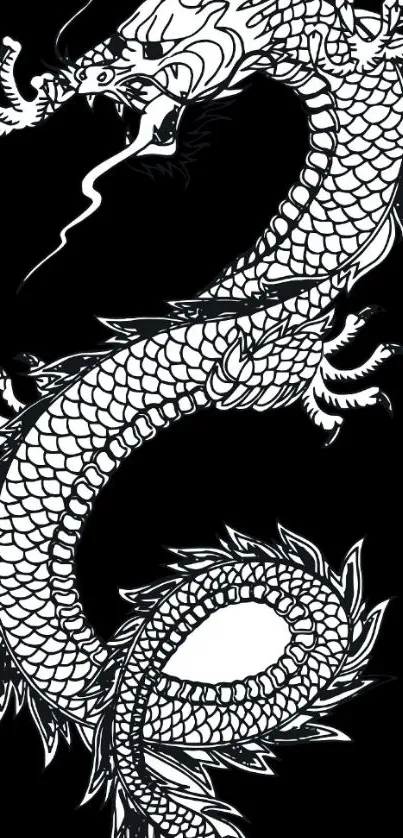 Intricate white dragon on black background mobile wallpaper.