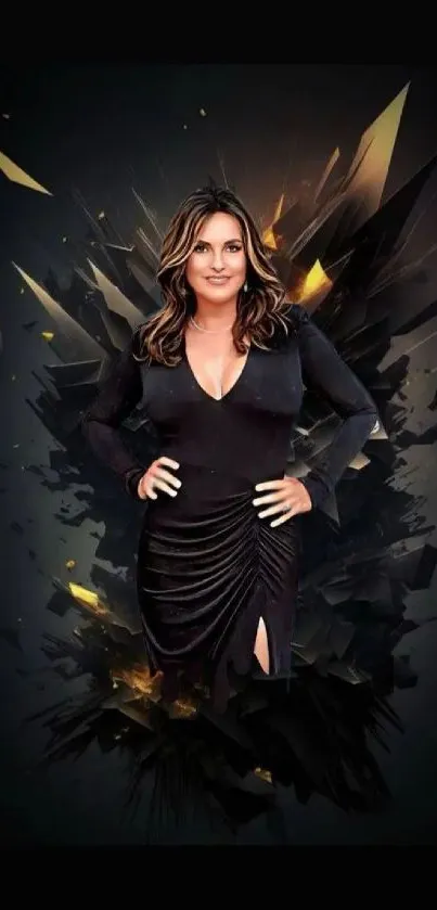 Woman in black dress with fiery abstract background.