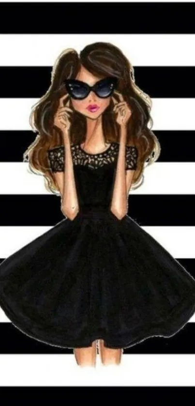 Cartoon woman in black dress with stripes background.