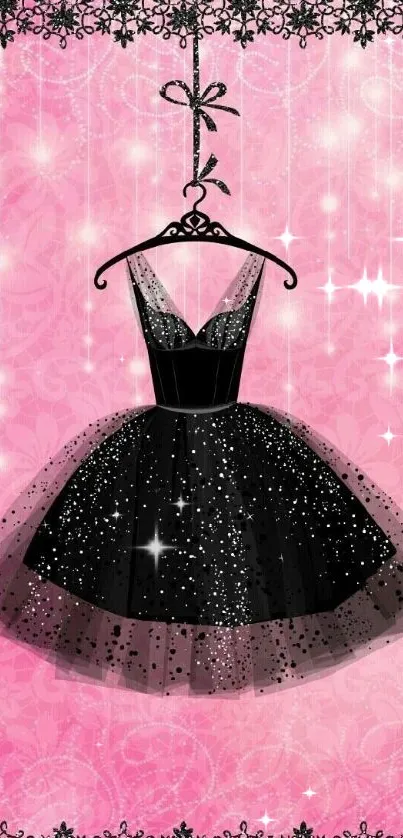 Elegant black dress on sparkling pink background.