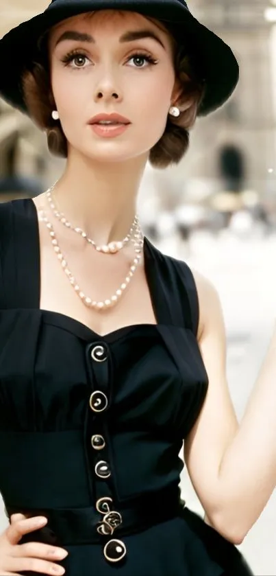 Elegant woman in black dress with hat and pearls.