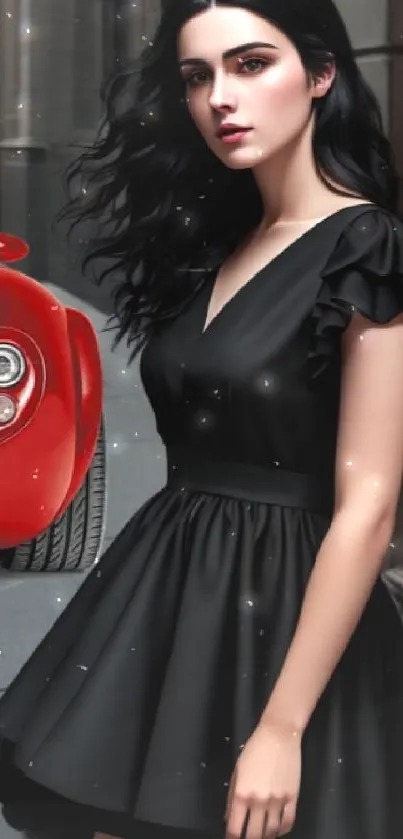 Woman in black dress beside a red car in the city.