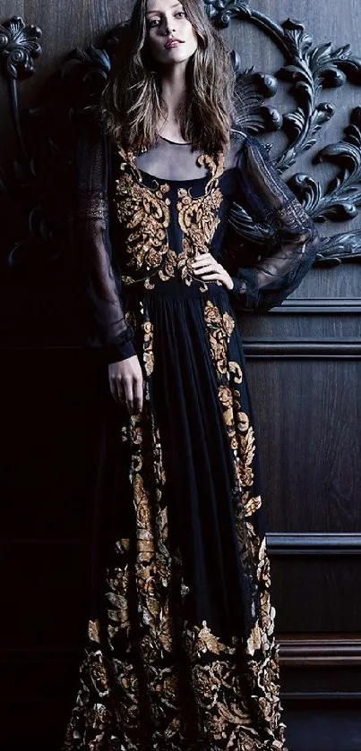 Dark elegant embroidered gown mobile wallpaper.