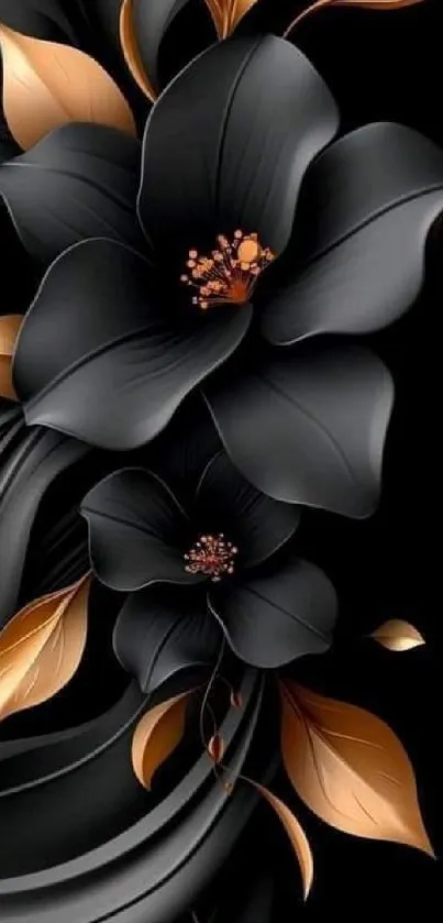 Elegant black floral wallpaper with golden leaves on a dark background.