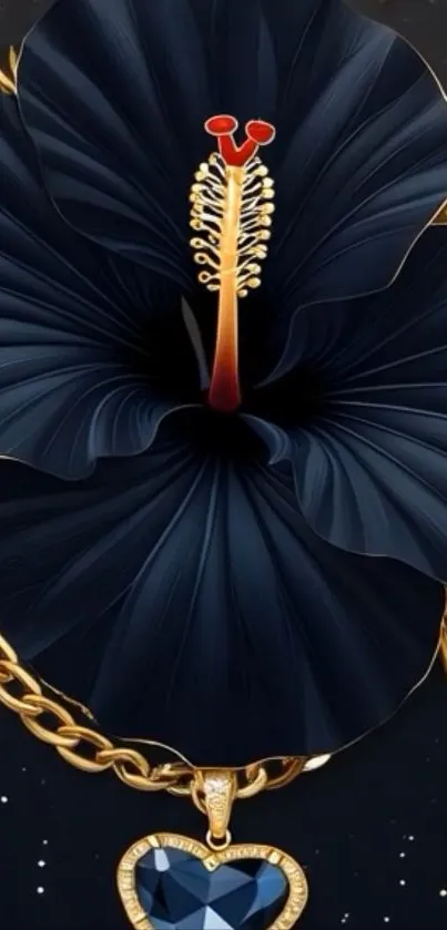 Elegant black flower with gold chain heart pendant wallpaper.
