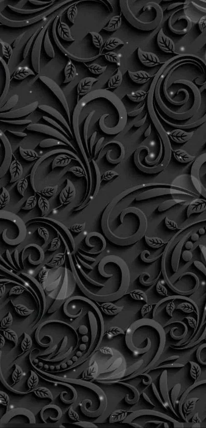 Elegant black floral wallpaper with intricate embossed pattern and swirls.