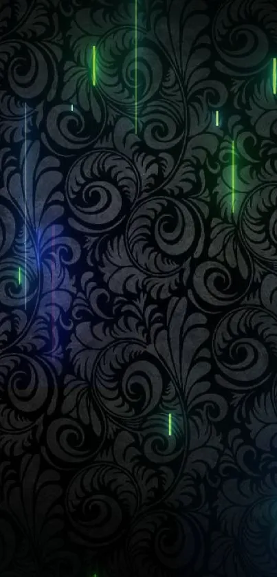 Black wallpaper with elegant floral pattern.