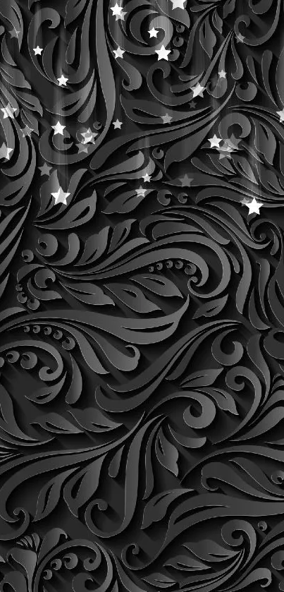 Elegant black wallpaper with intricate floral design.